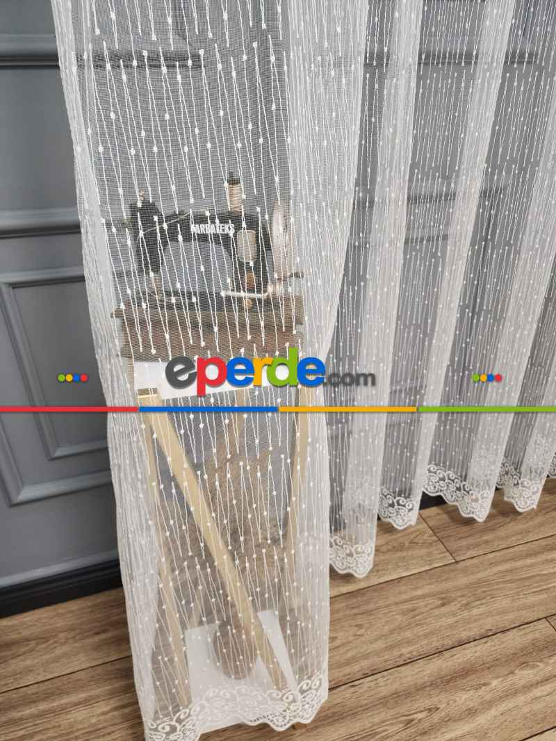 Taç - Brode İşlemeli Tül Perde - Yeni Nokta Çizgi Desenli - İşlemeli Nakışlı Tül Perde - Spor Desen