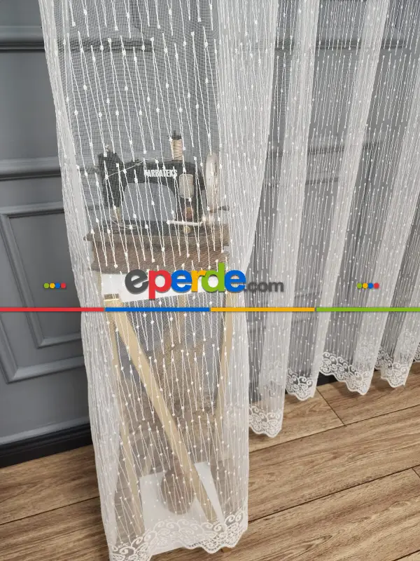 Taç - Brode İşlemeli Tül Perde - Yeni Nokta Çizgi Desenli - İşlemeli Nakışlı Tül Perde - Spor Desen