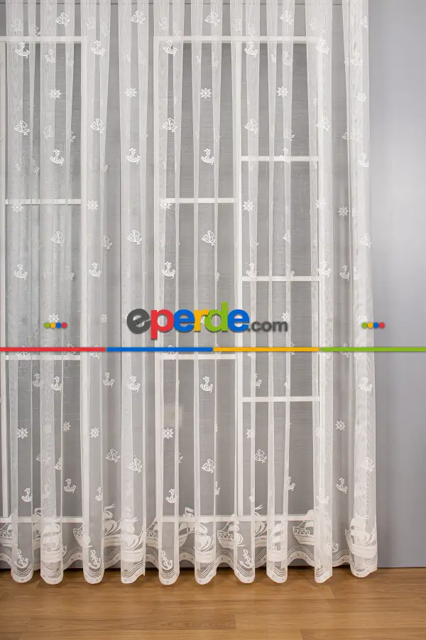 Bebek Odası -  Çocuk Odası Denizci Çapa Desenli Örme Tül Perde