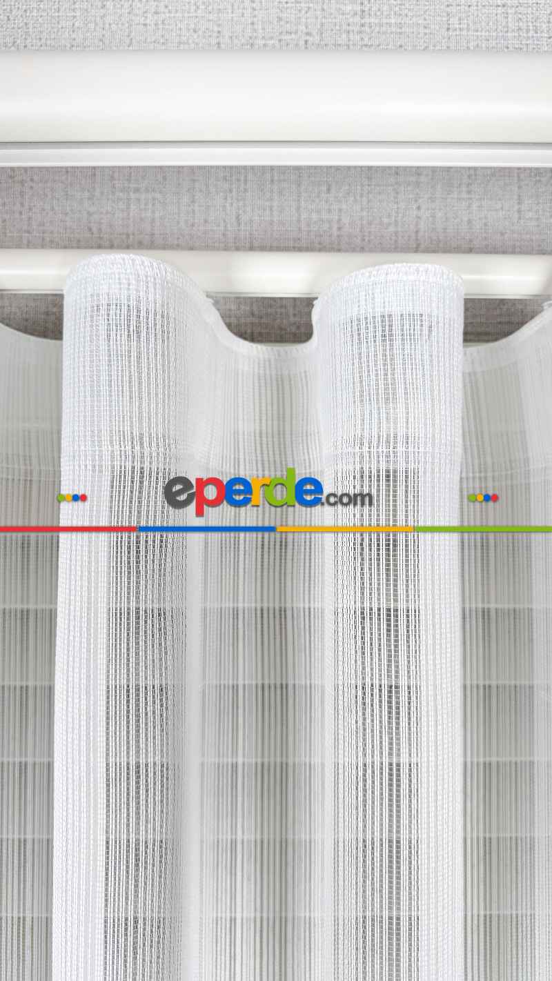 Ekru Çizgili Tül Perde, Ağır Gramajlı Premium Seri, Kurşunlu Etek