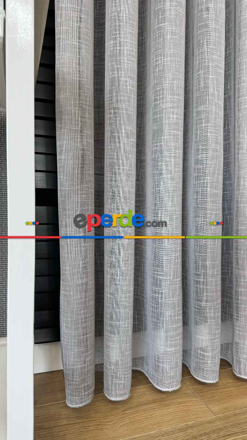 Açık Gri Keten Düz Tül Perde - Premium Serisidir, Eteği Kurşunlu Tül
