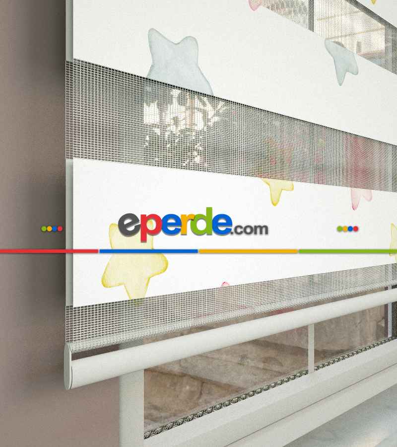 Yıldız Desenli Baskılı Zebra Perde- Çok Renkli