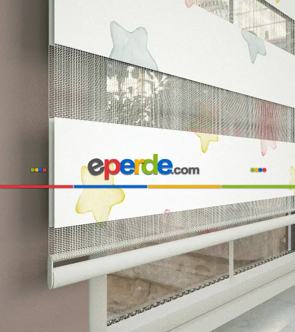 Yıldız Desenli Baskılı Zebra Perde- Çok Renkli