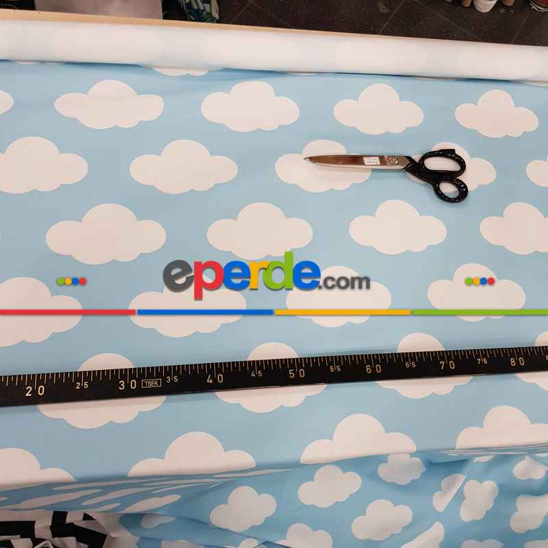 Bulut Desenli Fon Perde Evm484-1 Kumaşı Kalındır Duck Bezi Değildir- Beyaz-Mavi Açık