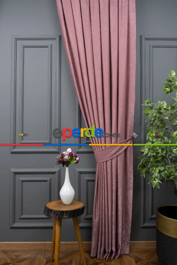 Salon - Soft Fon Perde Gül Kurusu Dökümlü En - Gül Kurusu