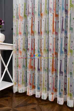 Hazır Ölçülü Petek Zemin Renkli Zürafa Desenli Sık Pileli Grek Baskılı Tül Perde