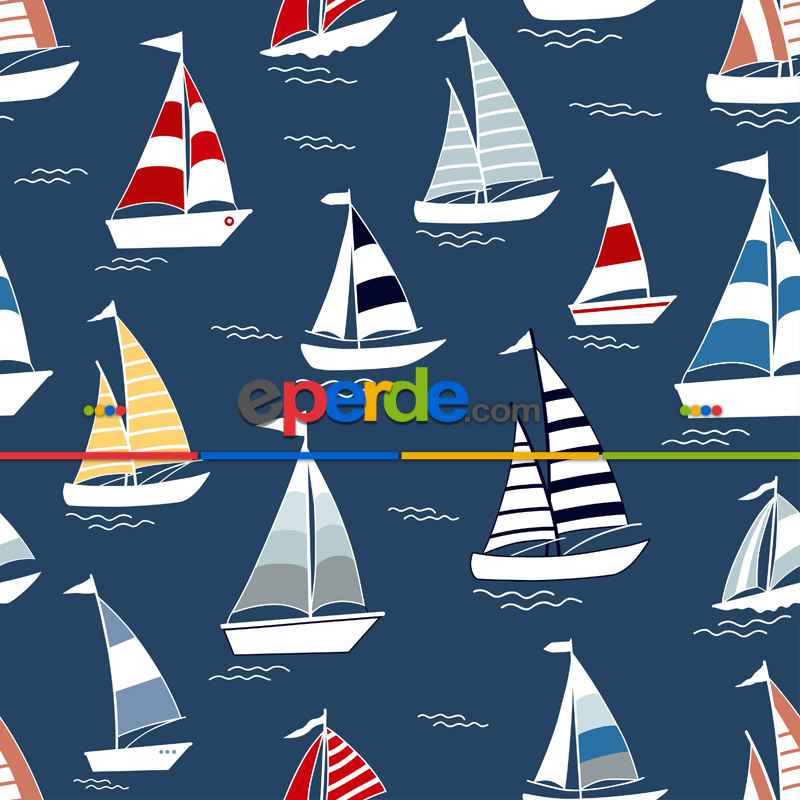 Bebek Odası Fon - Marine Kayık Desenli Fon Perde Evm807 Kumaşı Kalındır Duck Bezi Değildir- Siyah