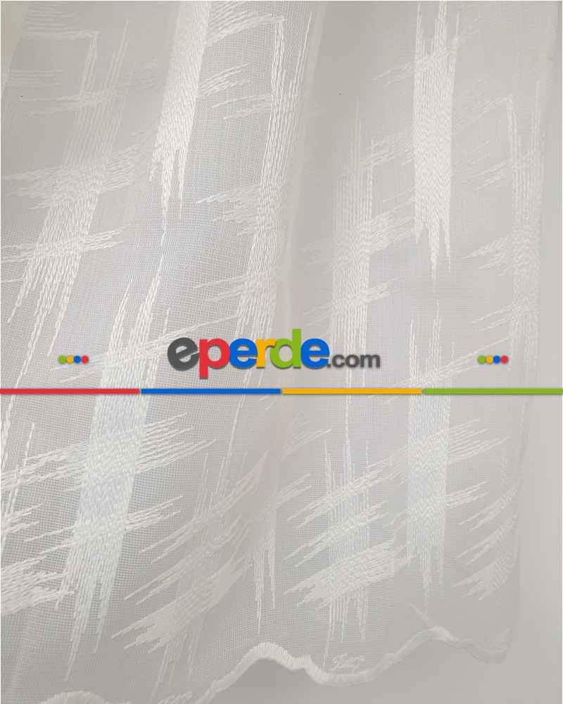 Desenli Tül Perde - Nakışlı Spor Geometri Desenli Salon Tül Perde - Ekru Açık Krem