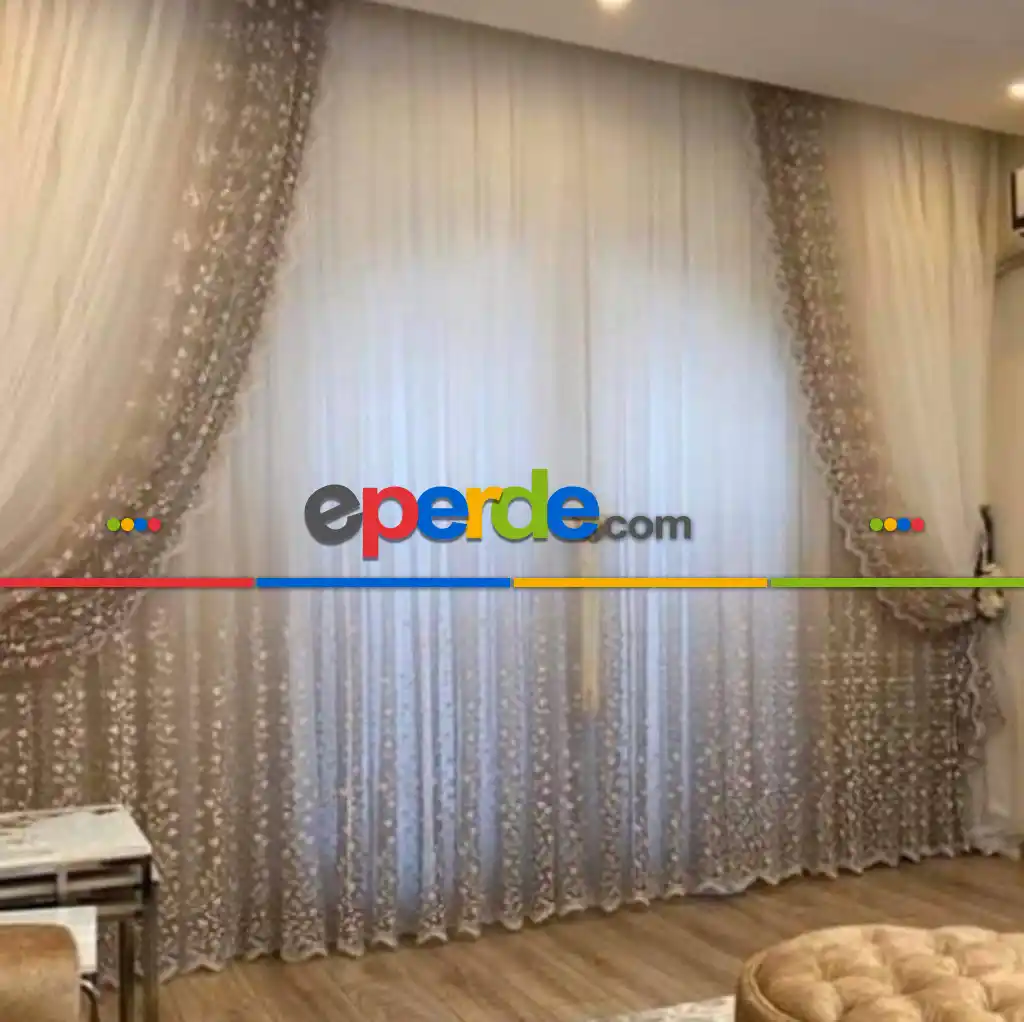Bej Vizon Kahverenngi Beyaz Renk Geçişli Çiçekli Fon Perde 70cm X 275cm 