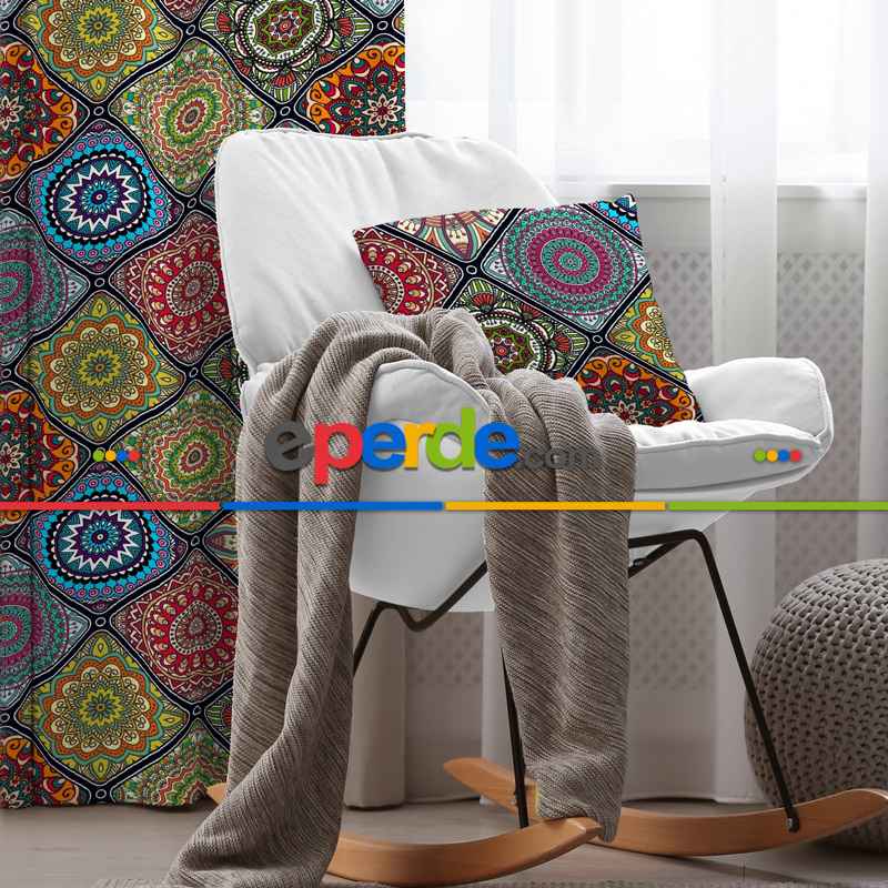 Genç Odası - Etnik Desenli Fon Perde Evim 403 Kumaşı Kalındır Duck Bezi Değildir