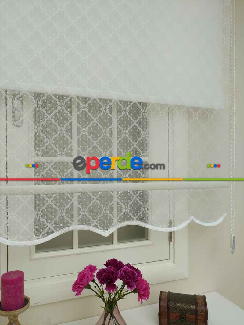 Oturma Odası - Jakar Örme Tül- Ekru Çiftli Sistem Dantel Desenli Perde- Ekru