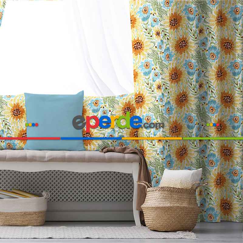 Çiçekli Fon Perde Evim1599 Kumaşı Kalındır Duck Bezi Değildir- Mavi-beyaz