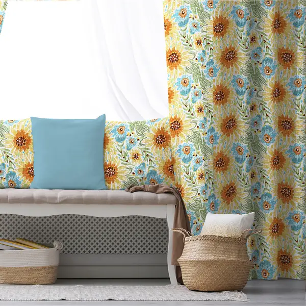 Çiçekli Fon Perde Evim1599 Kumaşı Kalındır Duck Bezi Değildir- Mavi-beyaz