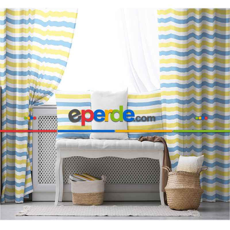 Çocuk Fon Perde Evim1616-6 Kumaşı Kalındır Duck Bezi Değildir- Mavi-beyaz