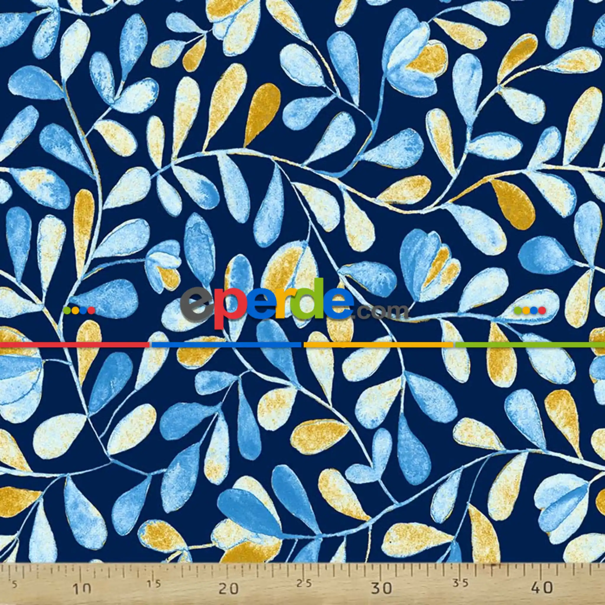 Yaprak Desenli Fon Perde Evm785 Kumaşı Kalındır Duck Bezi Değildir- Lacivert-Mavi Açık- Çok Renkli 3