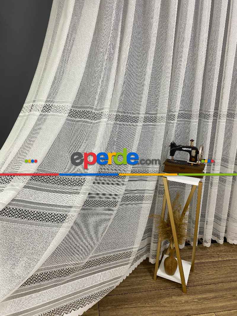 Çizgili Tül Perde - Spor Desenli - Tül Perde - Örme Tül Perde - Ütü İstemeyen