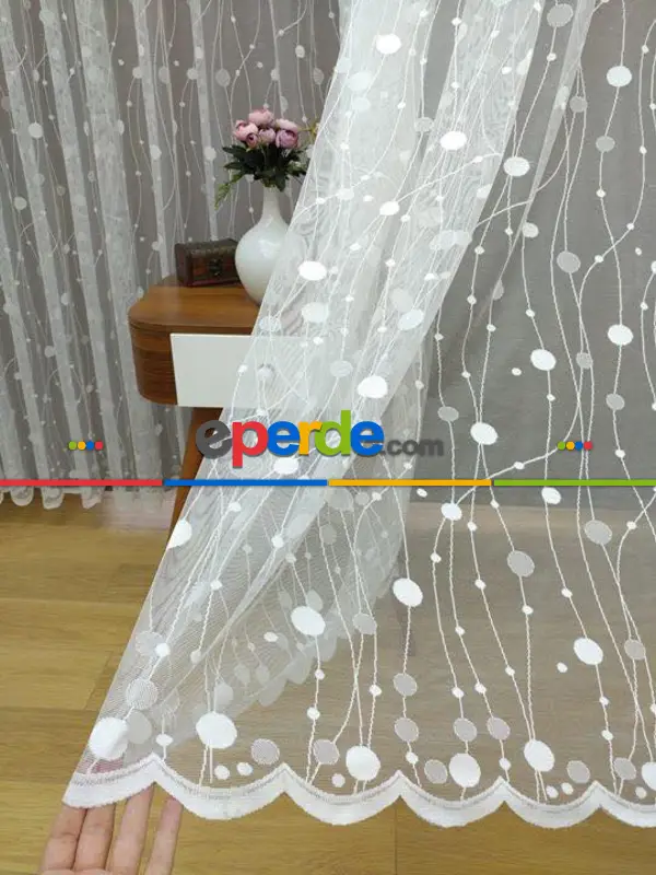 Genç Odası - Ft Serisi Daire Cizgili Halkalı Topcuklu Tül Perde- Ekru