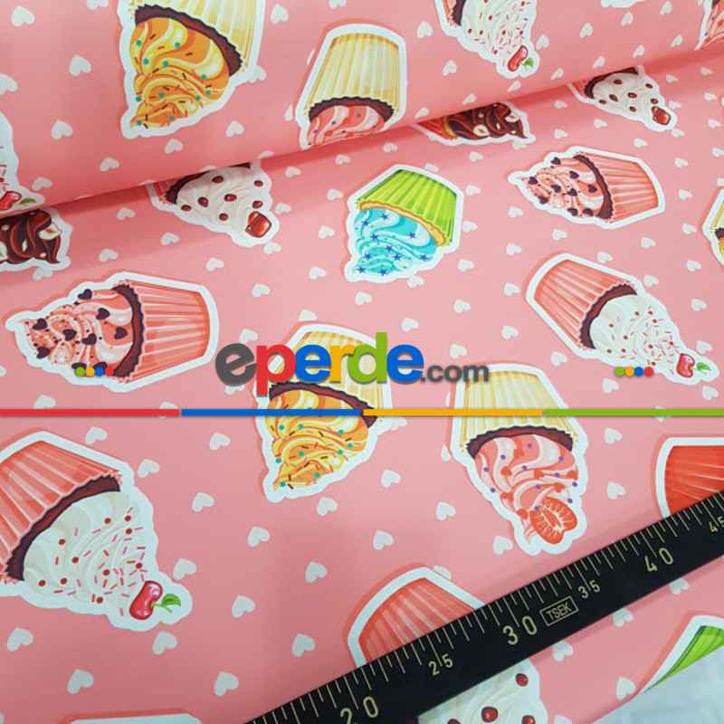 Cupcake Desenli Fon Perde K115 Kumaşı Kalındır Duck Bezi Değildir- Pembe