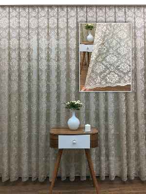 Sütlü Kahve Renk Fransız Danteli Tül Perde Damask Desenli- Sütlü Kahve