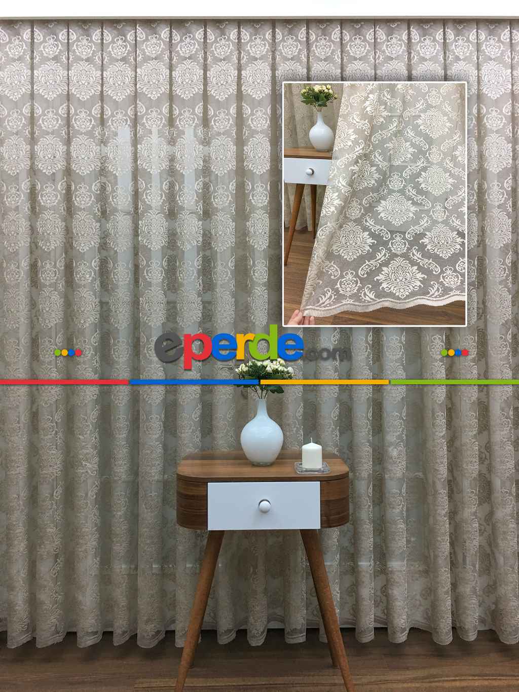 Sütlü Kahve Renk Fransız Danteli Tül Perde Damask Desenli- Sütlü Kahve