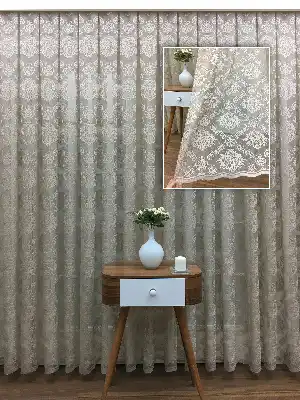Sütlü Kahve Renk Fransız Danteli Tül Perde Damask Desenli- Sütlü Kahve