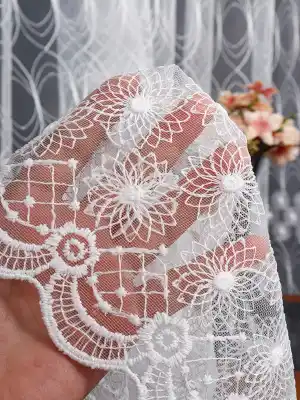 Şeritli Papatya Nakış İşlemeli Brode Tül Perde