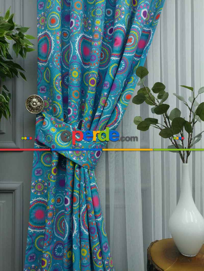 Osmanlı Mutfak Perdesi Kanat Fon Perde Desenli- Mavi