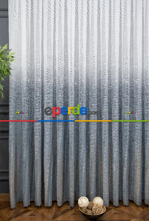 Salon Tül Perde - Gri Modern Degrade Geçişli Dantel Tül - Yüksek Kalite - Mavimsi Gri