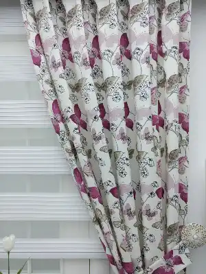 Kelebek Desenli Fon Perde Pembe Mor ( Leke Tutmaz )- Pembe-Mor