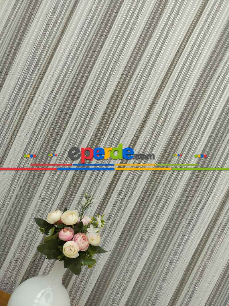 Çizgili Örme Jakarlı Tül Perde Kırık Beyaz
