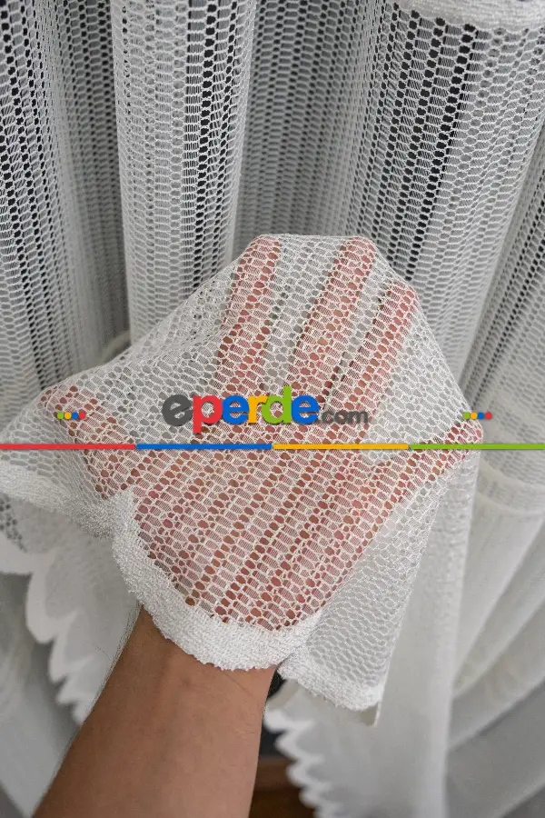 Yatak Odası - Clara Enine Bantlı Örme Tül Perde - Ekru -( Ütü İstemez )