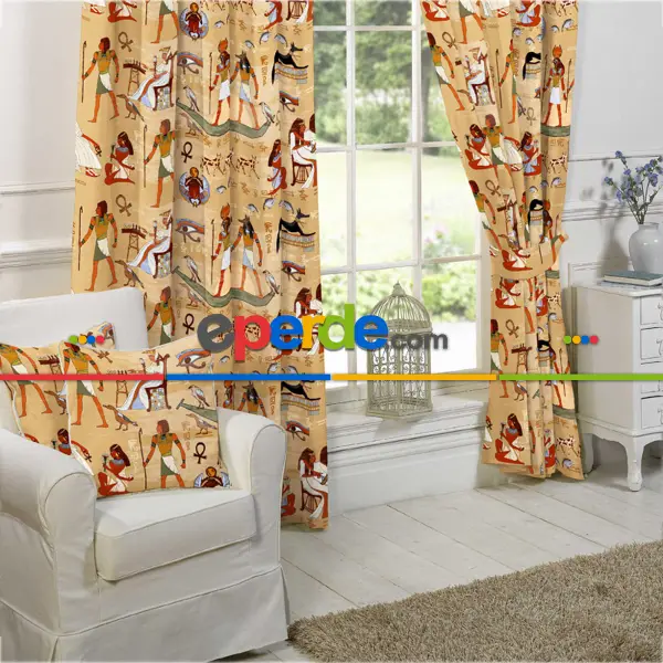 Genç Odası - Etnik Mısır Fon Perde Evim 593 Kumaşı Kalındır Duck Bezi Değildir