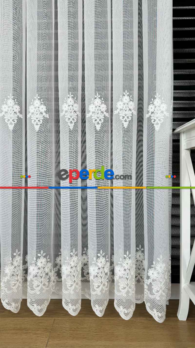 Ekru Özel Dokuma, Özel İplik Hafif Simli Brode İşlemeli Tül Perde - Ağır Gramajlı Premium Nakışlı