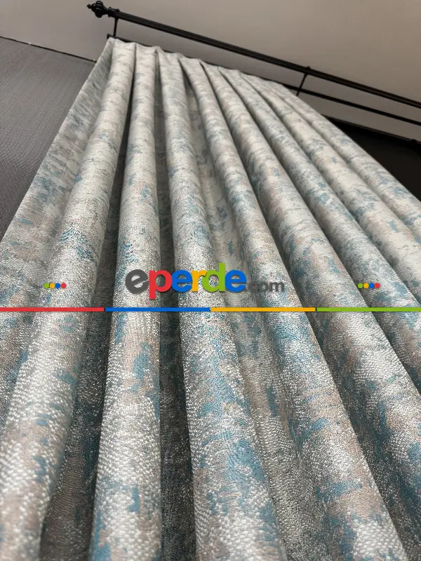 Yatak Odası - PatineDesenli Bej Turkuaz Desenli Jakar Fon Perde (180)- Turkuaz Yeşili Ara Renk