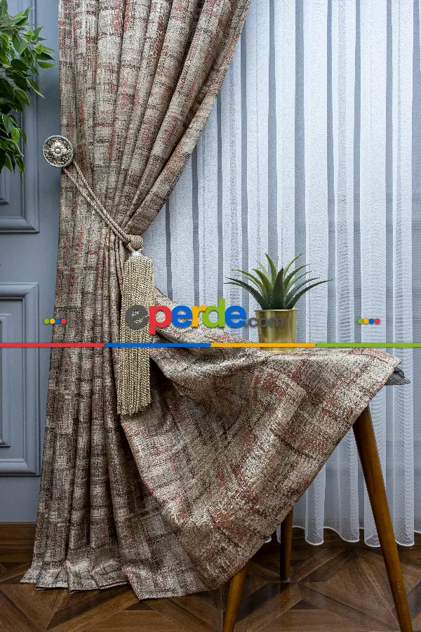 Patinedesenli Carmen Jakar Dokuma Fon Perde- Bej-kiremit Rengi