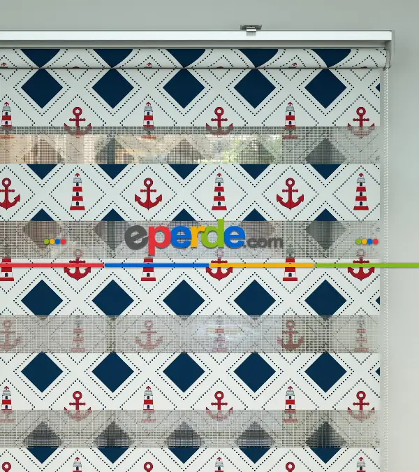 Çocuk Odası Zebra Perde - Çapa Desen Baskılı Zebra Perde- Lacivert-Kırmızı