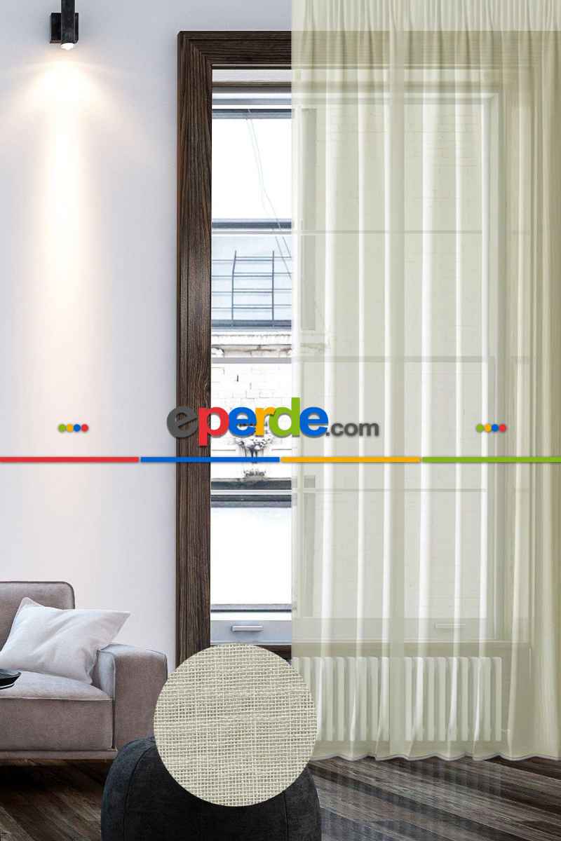 Keten Görünümlü Düz Tül Perde Pilesiz Krem