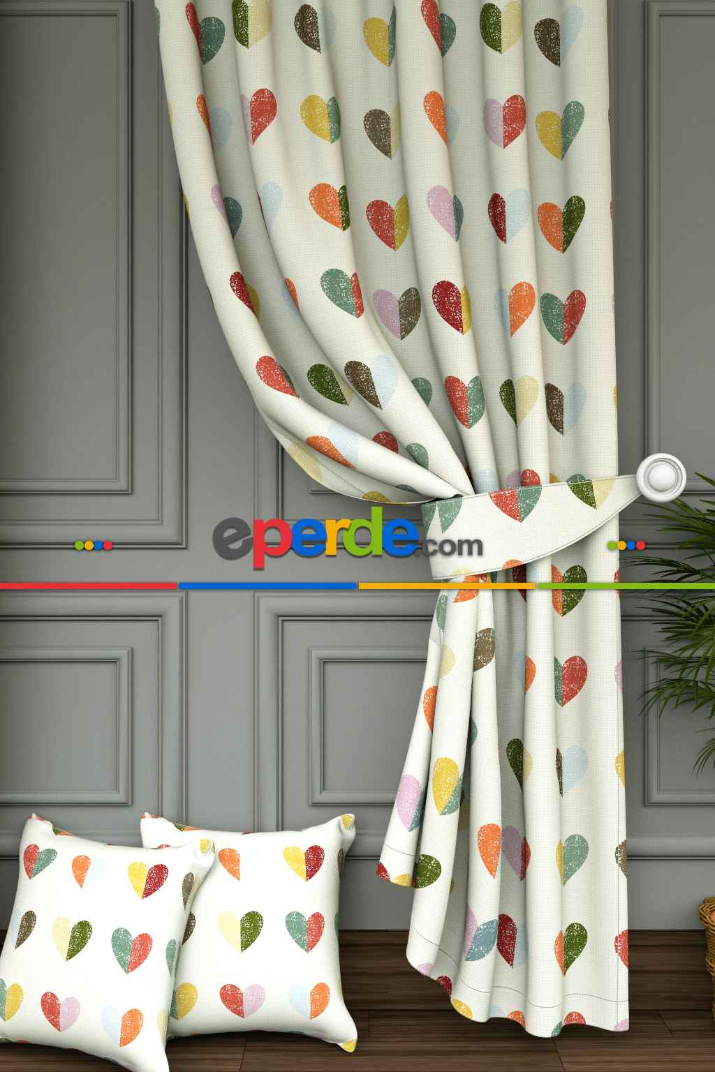 Dökümlü Kumaştan Renkli Kalpler Baskılı Fon Perde- Ekru-çok Renkli