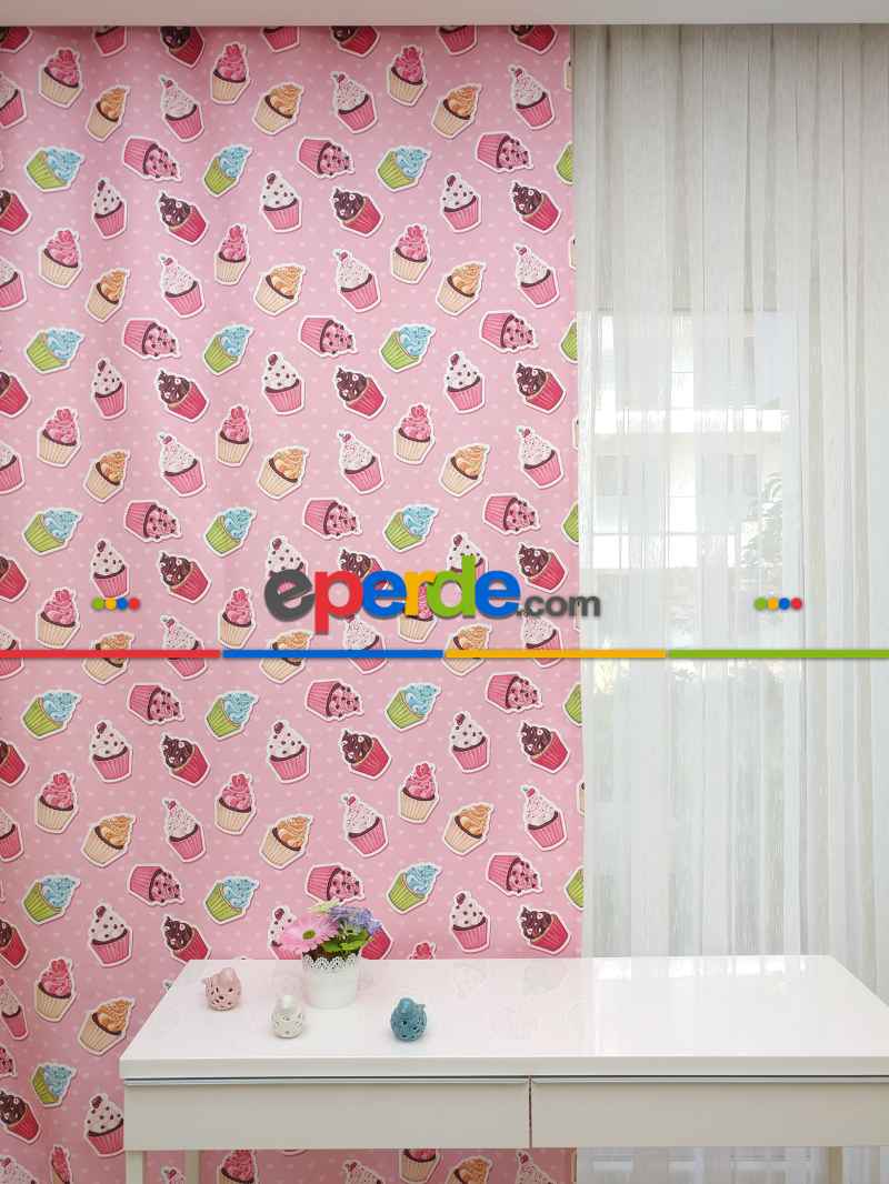 Mutfak Perdesi Kanat Fon Perde Cupcake Desenli- Mavi