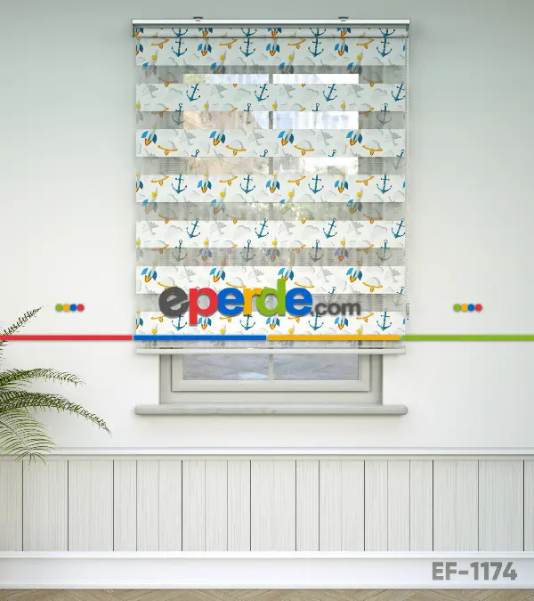 Çocuk Odası Zebra Perde - Çapa Baskılı Zebra Perde- Mavi-Sarı-Beyaz