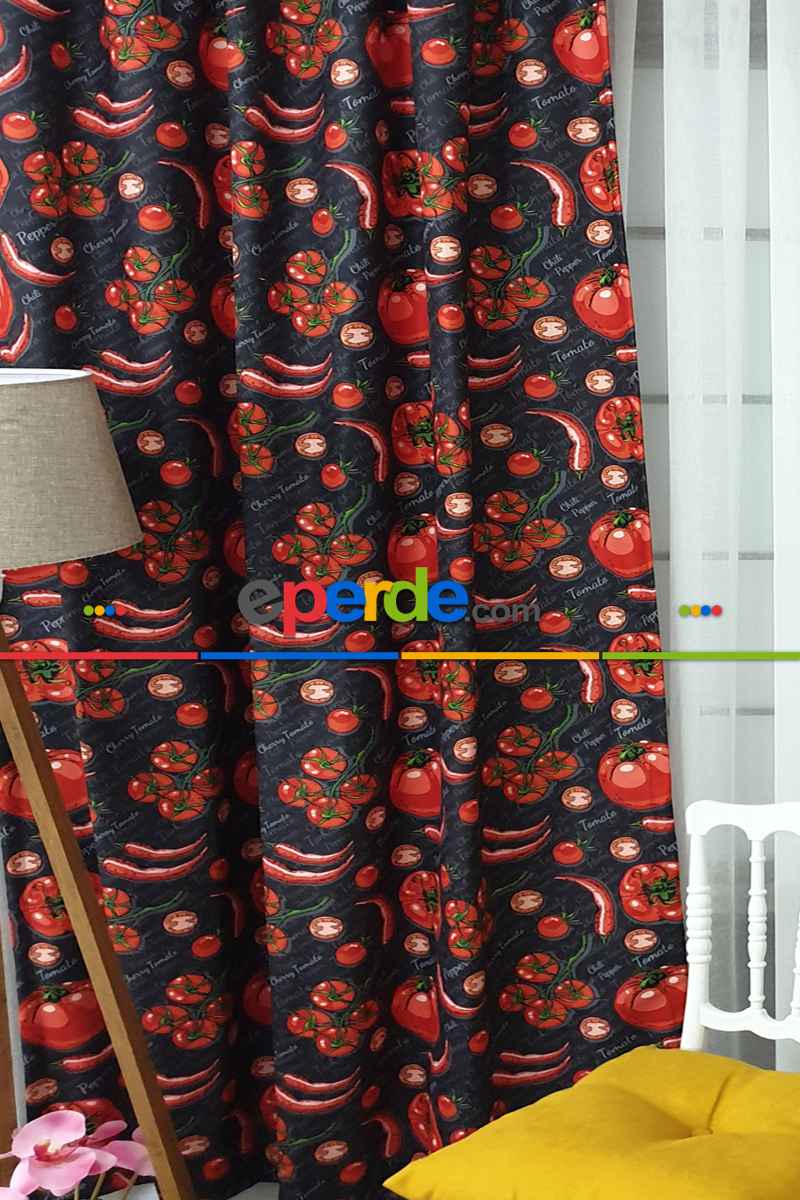 Mutfak Perdesi Kanat Fon Perde Dometes Biber Desenli- Siyah