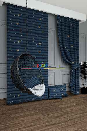 Fırsat Ürünü!! Dökümlü Kumaştan Genç Odası - Lacivert Yıldız Desenli Baskılı Pilesiz Fon Perde