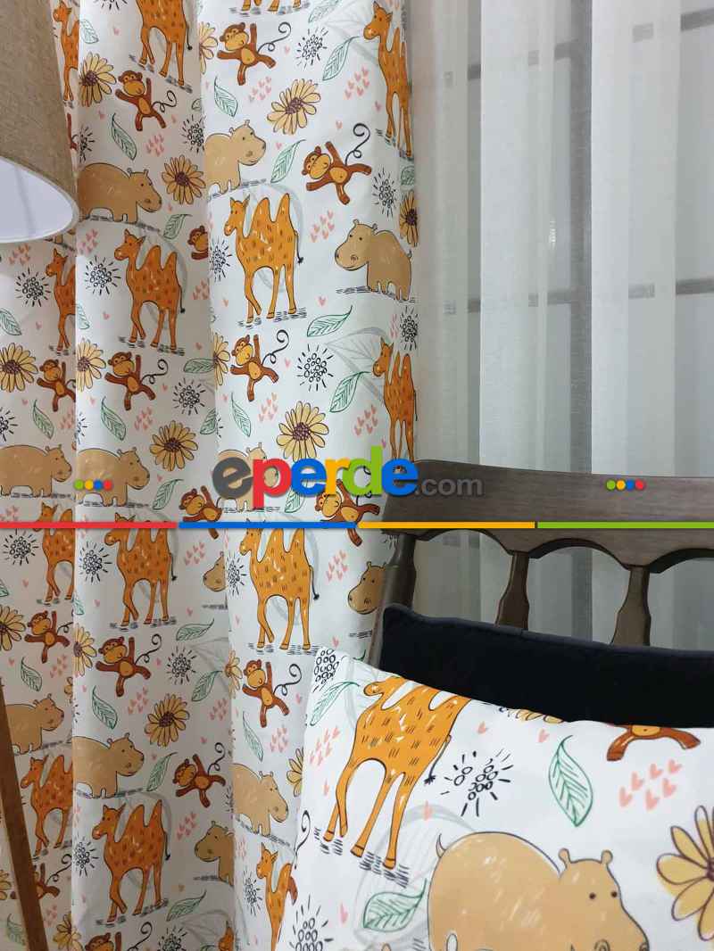 Hayvan Desenli Fon Perde Evm1087-1 Kumaşı Kalındır Duck Bezi Değildir- Siyah