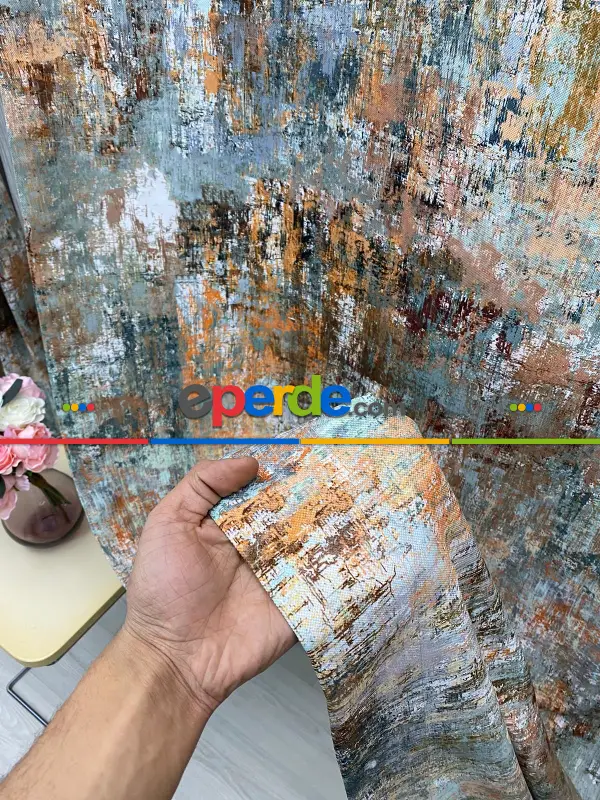 Patinedesenli Modern Desenli Fon Perde 3 - ( Kalın Pamuklu Kumaş)- Siyah-mavi-füme-ekru-hardal Sarısı-turkuaz Yeşili Ara Renk