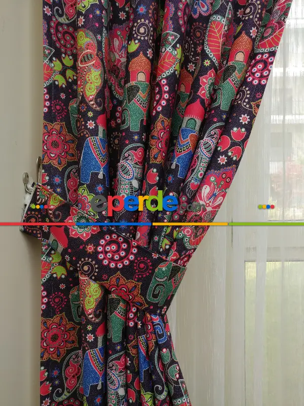 Fil Desenli Etnik Hazır Fon Perde - Kumaşı Kalındır Duck Bezi Değildir- Lacivert-Mavi-Beyaz-Mor-Fuşya