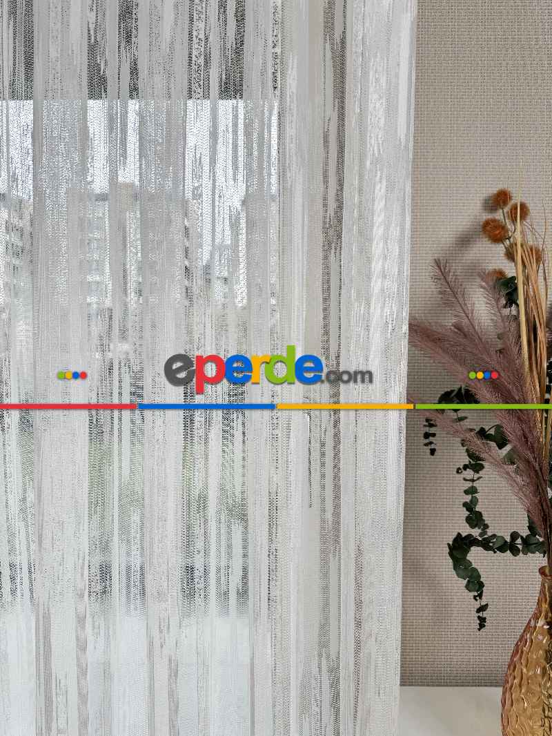 Oturma Odası - Çizgili Fransız Dantel Örme Tül Perde, Desenli Ütü İstemeyen Tül