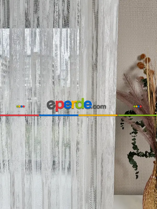 Oturma Odası - Çizgili Fransız Dantel Örme Tül Perde, Desenli Ütü İstemeyen Tül