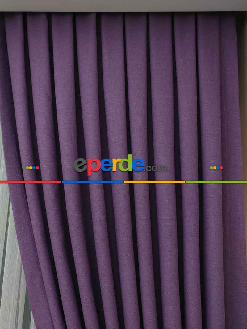 Keten Mor Renk Düz Fon Perde- Lila Koyu Lila