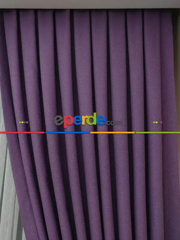 Salon Fon Perde - Keten Mor Renk Düz Fon Perde- Mor