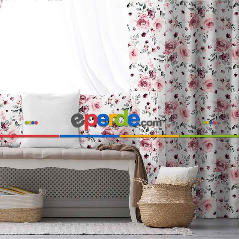 Çiçek Desenli Fon Perde Evim502 Kumaşı Kalındır Duck Bezi Değildir- Mavi-beyaz